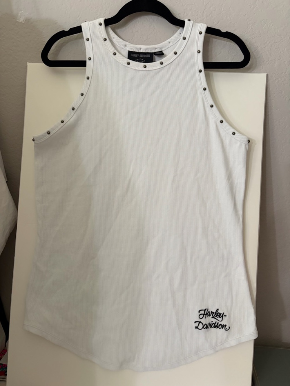 Harley-Davidson White Ribbed Tank Top Muscle Tank with Metal Stud Trim